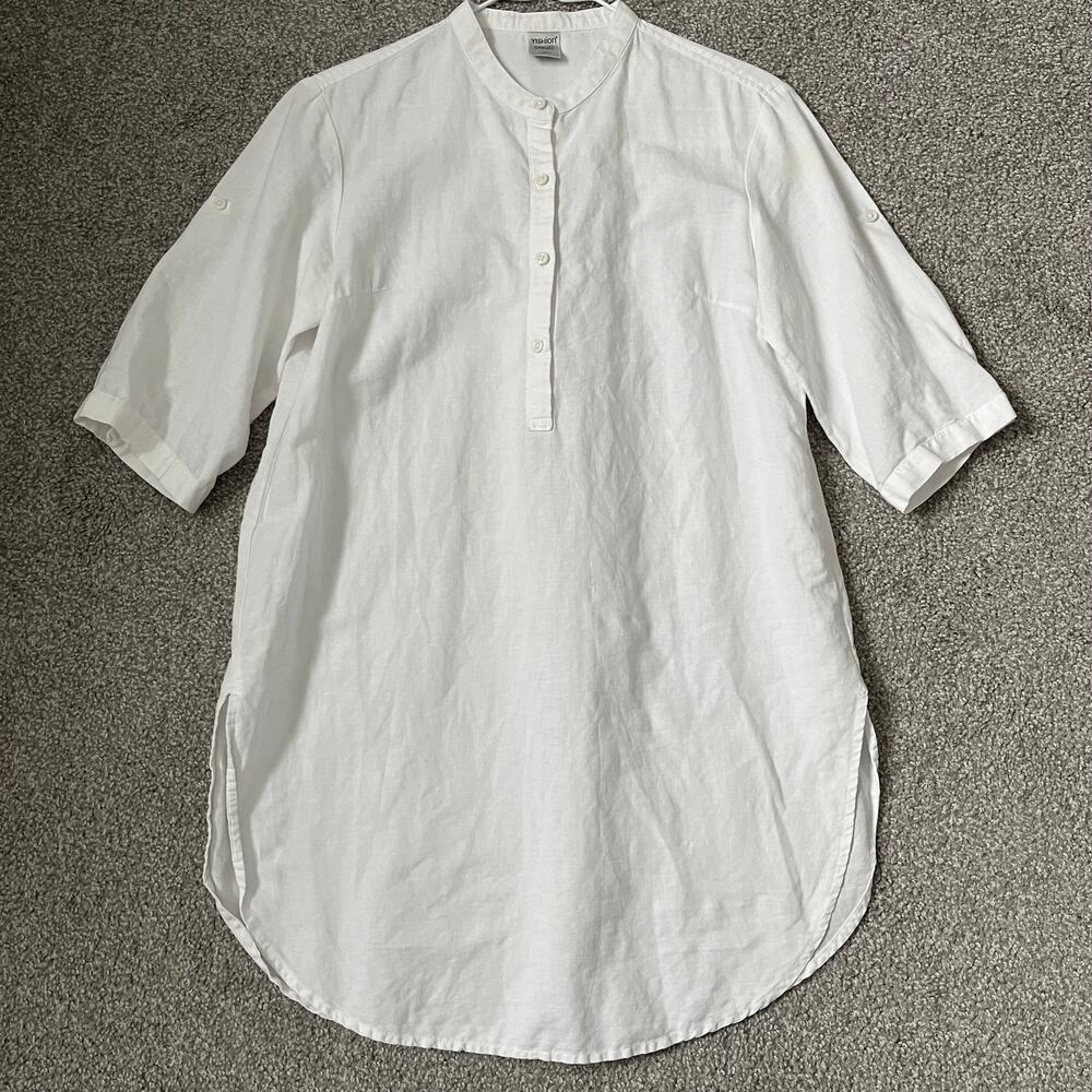 Yishion White Linen Cotton Longline Tunic Shirt - Size S